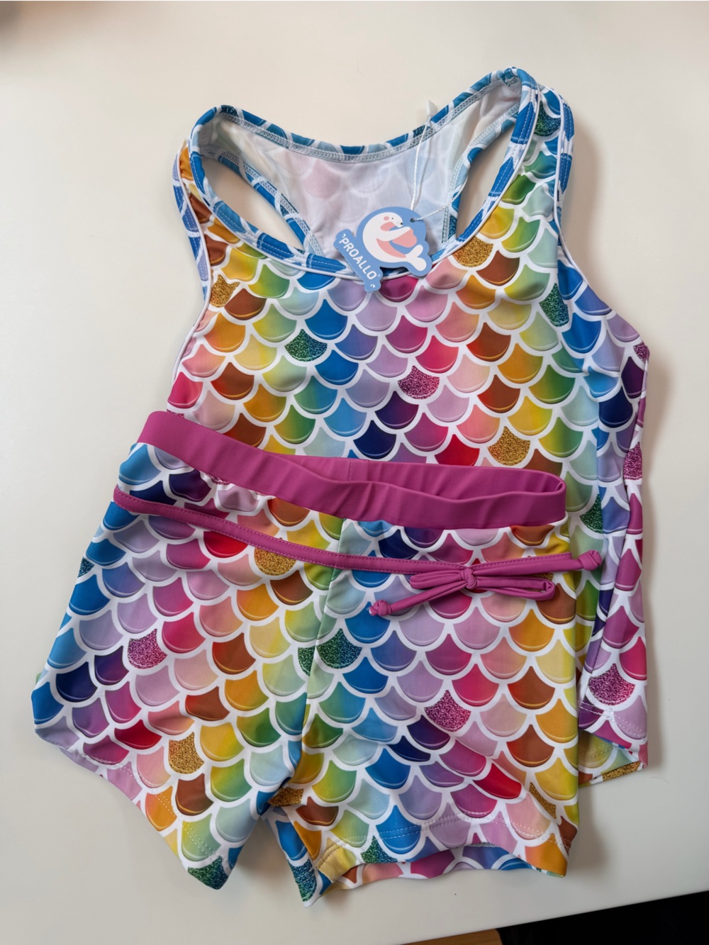 Girls Rainbow Mermaid Scale One-Piece Swimsuit with Pink Trim